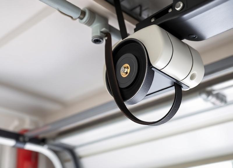 Garage door belt drive system showing replacement mechanism and pulley