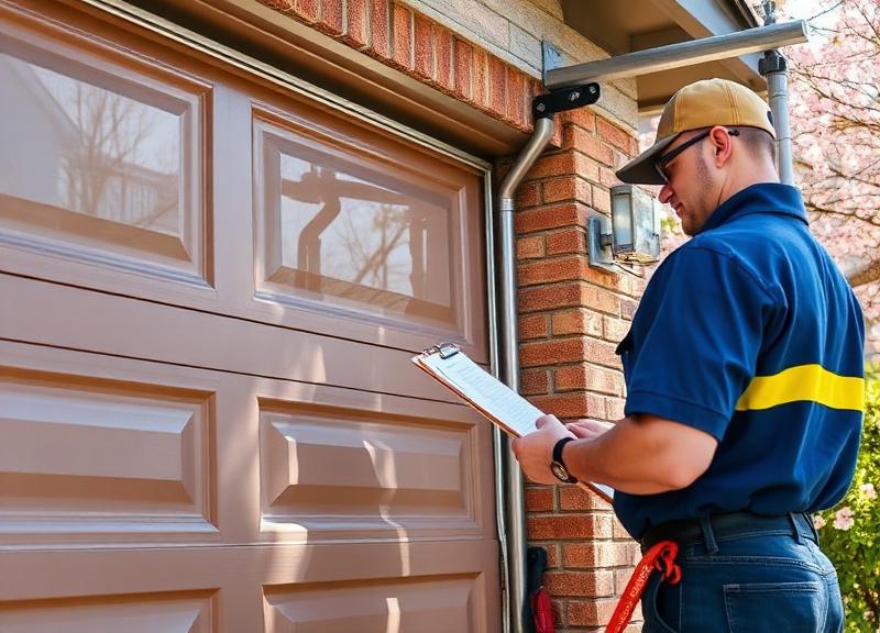 Professional technician performing spring garage door maintenance inspection