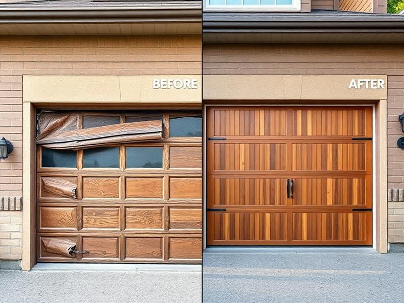 Before and after garage door replacement showing damaged door transformed to beautiful new installation