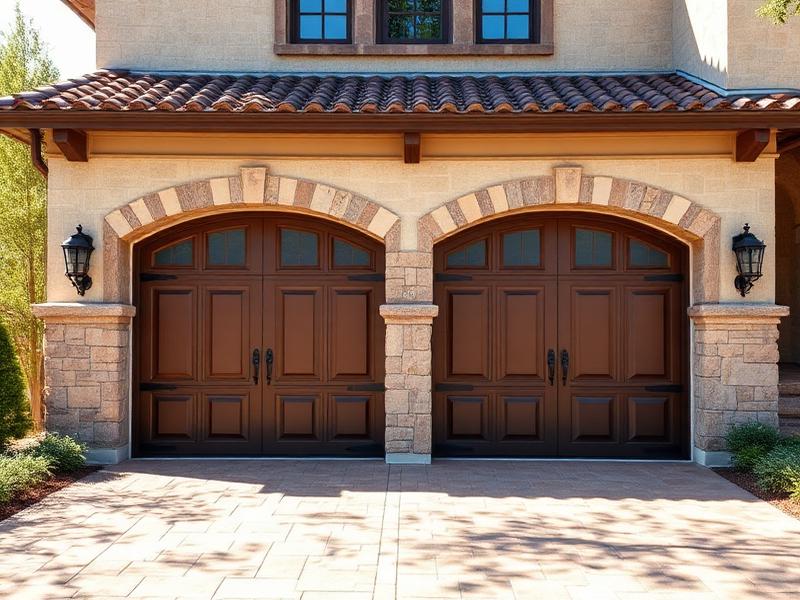 Tuscan inspired carriage house garage doors with stone surround and decorative hardware