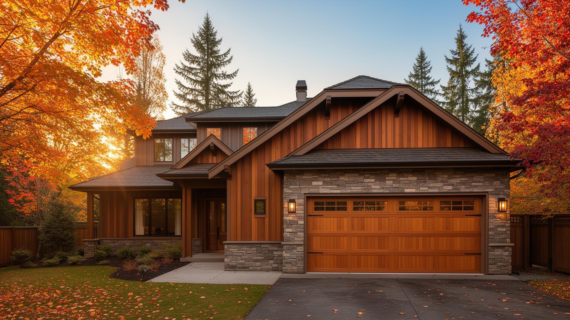 Beautiful Tuscan inspired garage door with stone surround on Pacific Northwest modern home